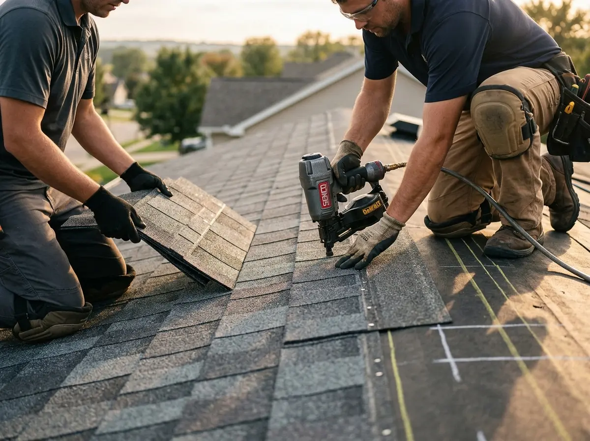 Professional roofer working on a residential roof in Garner